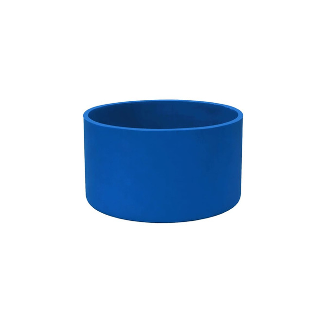 A blue silicone boot designed for tumblers, featuring a smooth, matte finish and a round shape.