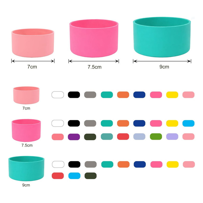 A silicone boot for tumblers in various colours, including pink and turquoise, with multiple sizes displayed.