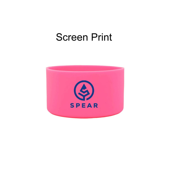 A pink silicone boot for a tumbler featuring a logo on one side.