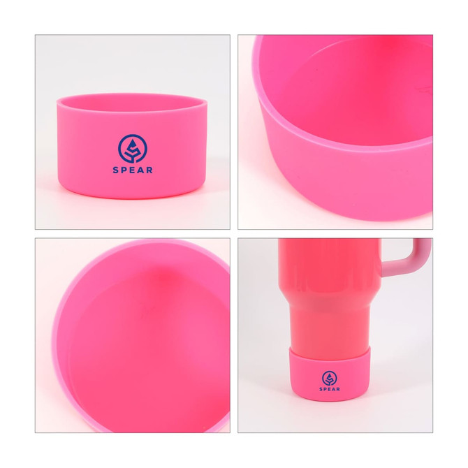 A silicone boot in vibrant pink for a tumbler, featuring a logo. Includes different angles of the product.