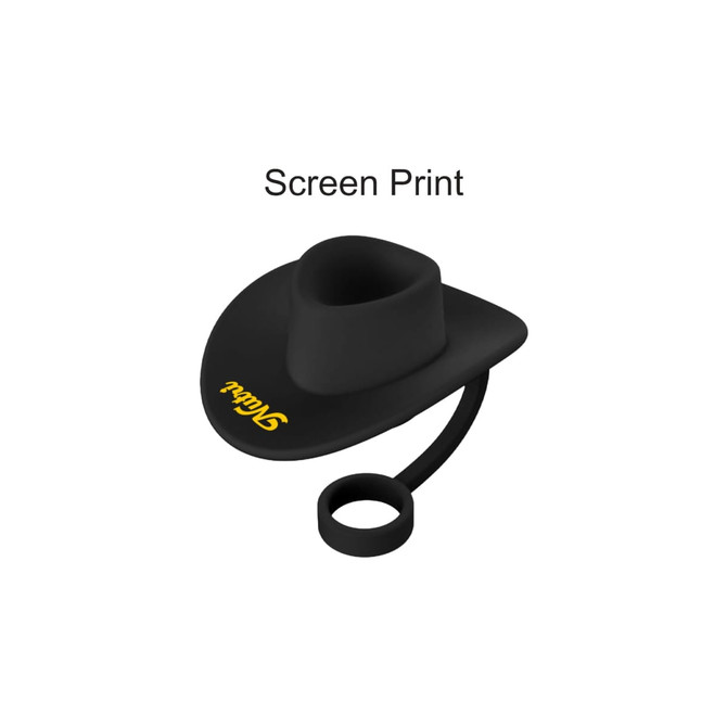 A drink bottle accessory in the shape of a black cowboy hat, with a yellow logo and a straw attachment.