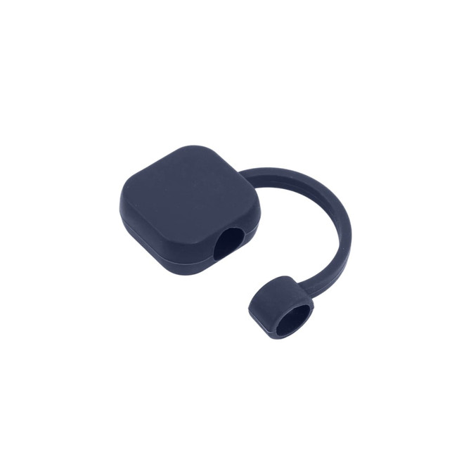 A square, navy silicone straw cover with a loop attachment. It has a single opening for a straw.