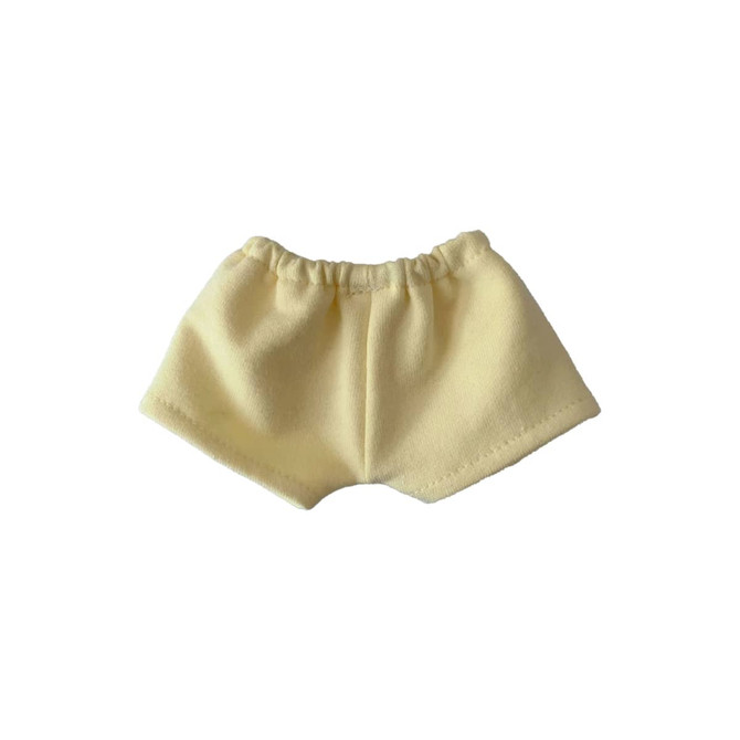 A pair of soft, yellow basic shorts for plush dolls, featuring an elastic waistband.