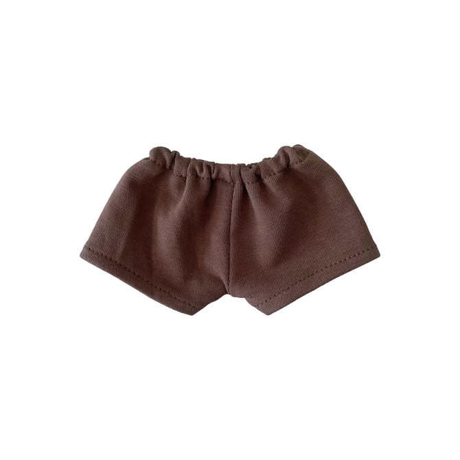 A pair of brown plush doll shorts with an elastic waistband. Simple design for dolls.
