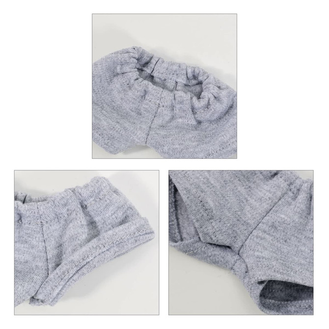A pair of grey plush doll shorts with an elastic waistband, featuring soft, textured fabric and a casual design.