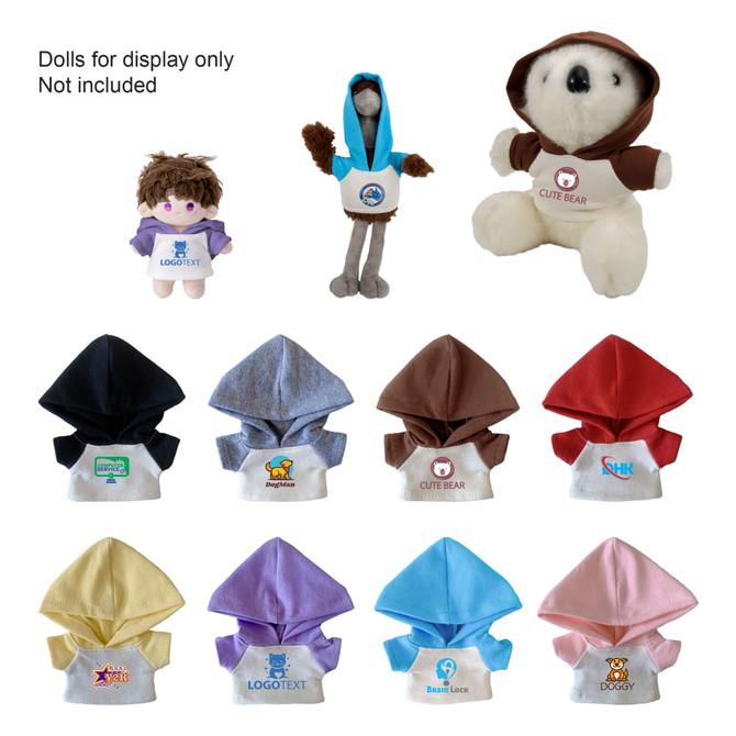 A collection of plush dolls and hoodies in various colours, featuring a range of designs and a logo on some items.
