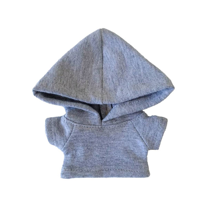A grey plush doll hoodie featuring a large hood and short sleeves. The product has a simple design and soft texture.