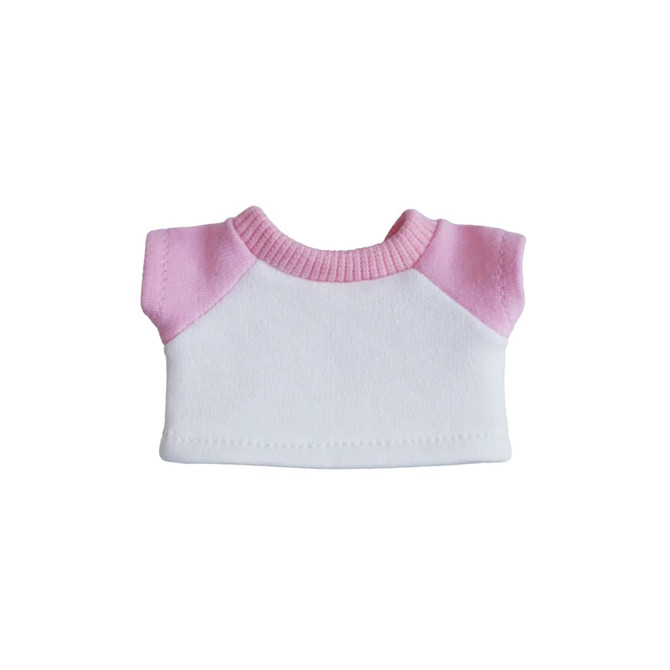 A plush doll raglan t-shirt in white with pink sleeves. Features a ribbed collar and has a logo.