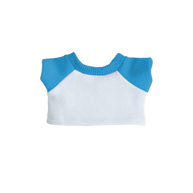 A plush raglan t-shirt featuring blue sleeves and a white body, designed for a doll.