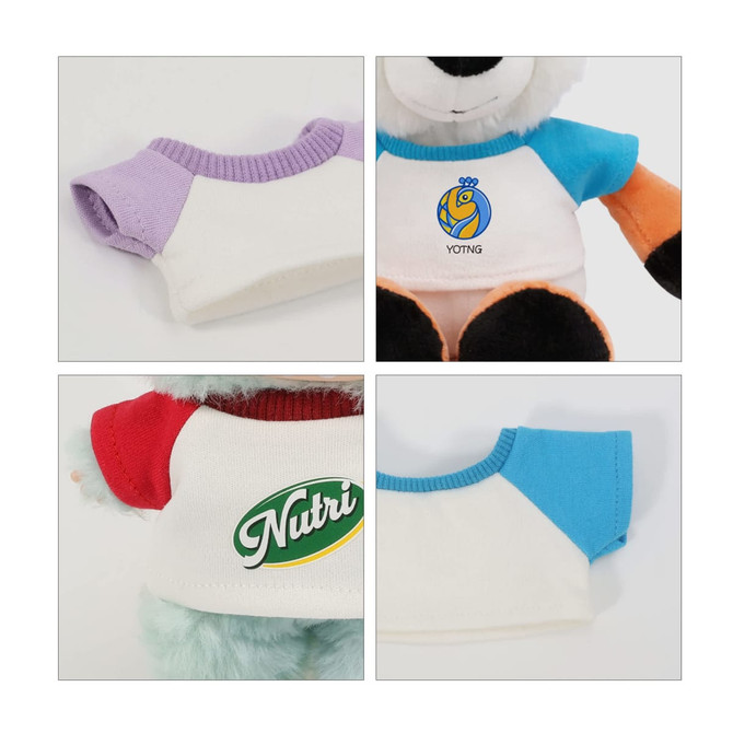 Plush doll raglan t-shirts in purple, red, and light blue, featuring various logos on white fabric.