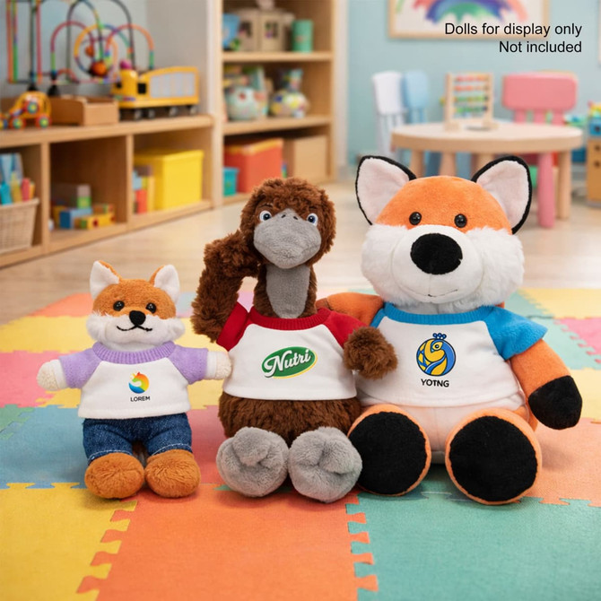 A collection of plush dolls in assorted colours, wearing raglan t-shirts, displayed in a bright, cheerful room.