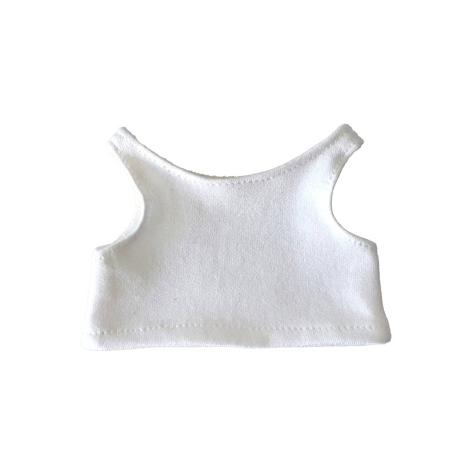 A white tank top with a sleeveless design, featuring a simple and basic style. It has a logo on the fabric.