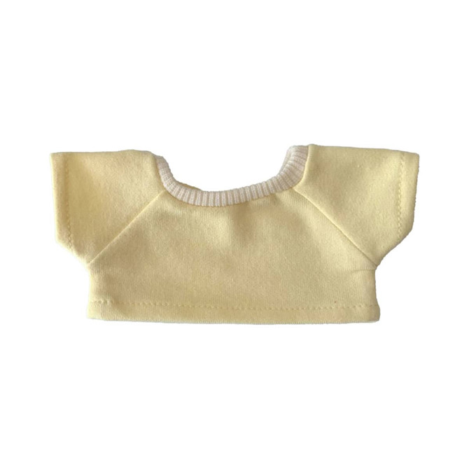 A yellow plush doll basic T-shirt with a ribbed neck, featuring short sleeves. There is a logo on the garment.