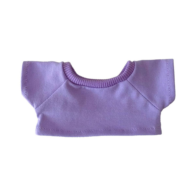 A plush doll t-shirt in soft purple fabric with a simple design and ribbed neckline.