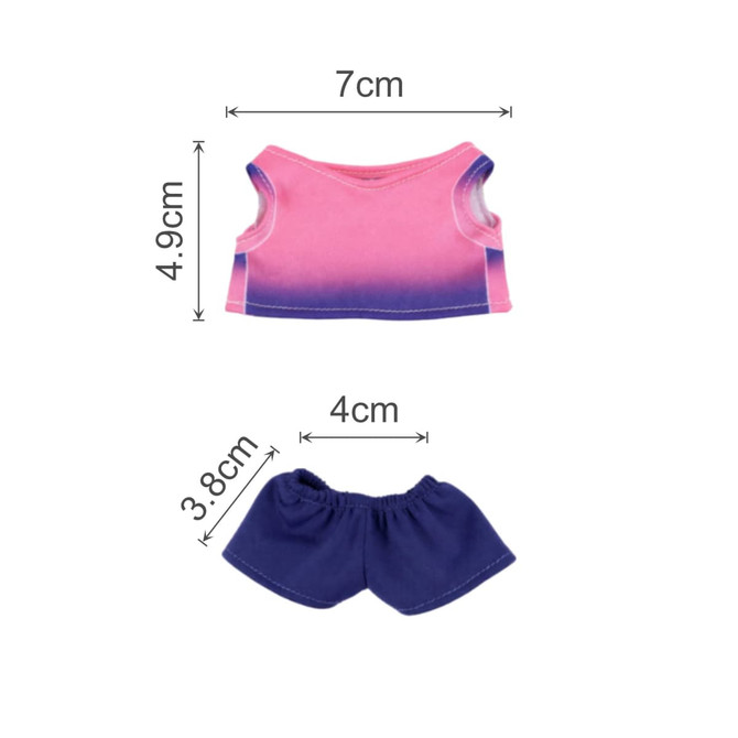 A plush doll outfit featuring a pink and purple shirt with blue shorts. Includes size measurements.