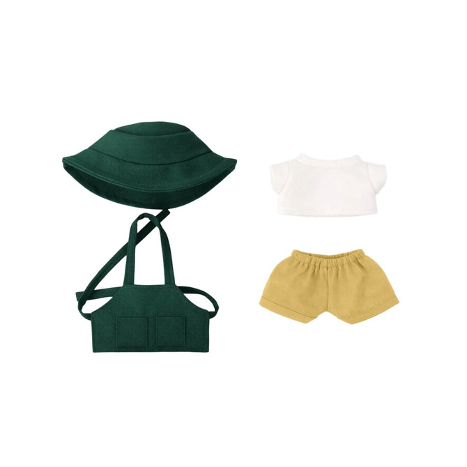 A green bucket hat, white top, and yellow shorts for a 15–17cm doll, with a branded tag.