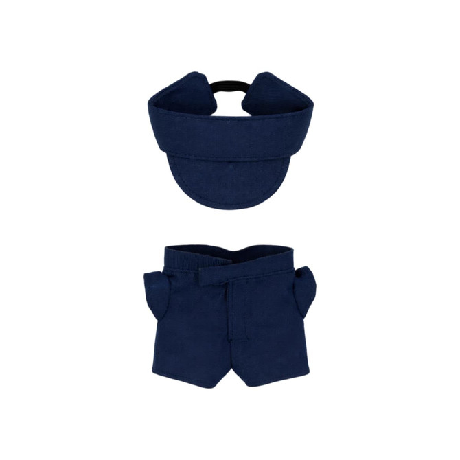 A plush doll racing suit set featuring a navy cap and matching shorts. The set includes a cap with a logo.