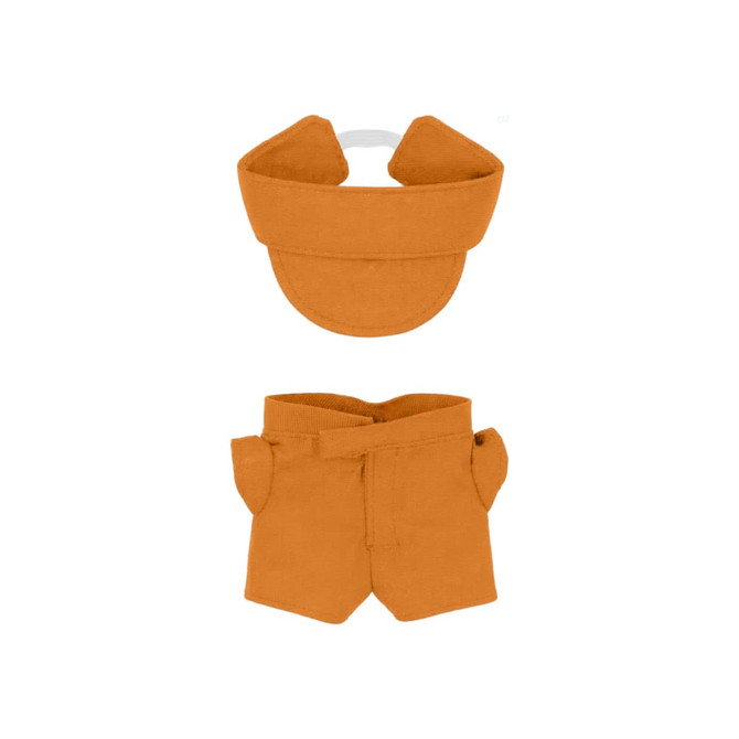 An orange plush doll racing suit set featuring a cap and shorts, designed for a 10cm doll.