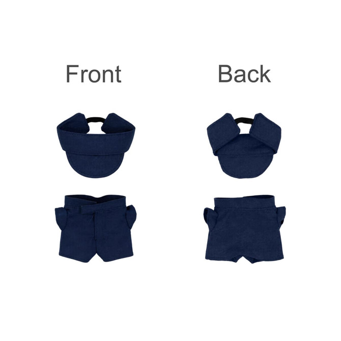 A plush doll racing suit set featuring a navy blue cap and shorts, displayed from front and back angles.
