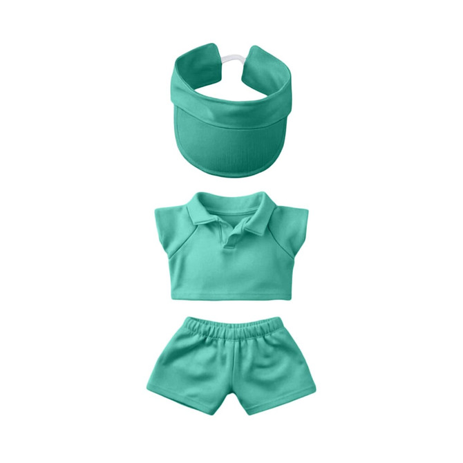 A turquoise racing suit set for 15–17cm dolls, featuring a visor, polo shirt, and shorts. It includes a logo.