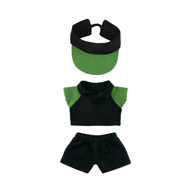A plush doll racing suit set featuring a black and green polo shirt, shorts, and a matching cap.