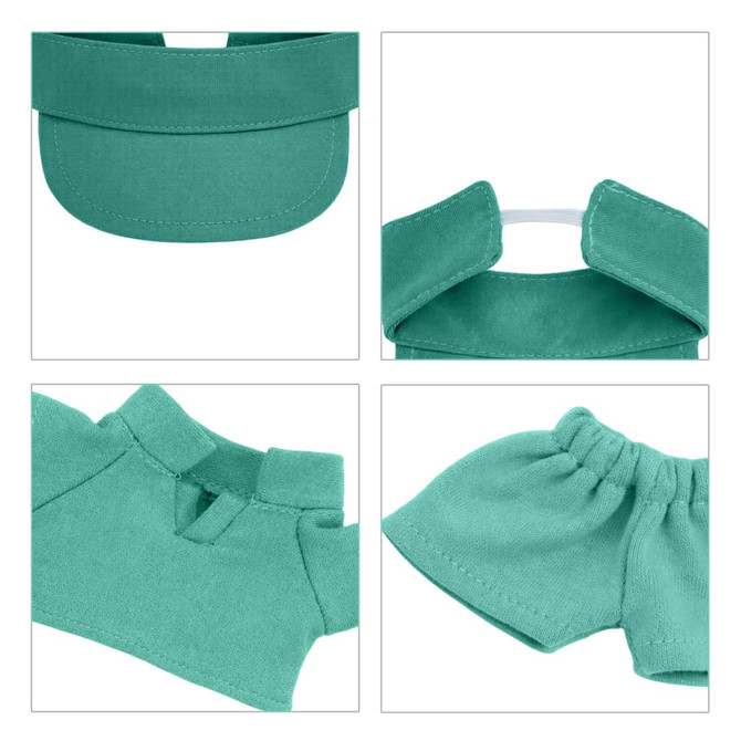 A teal plush doll racing suit set featuring a visor, top, and pants, designed for 15–17cm dolls.