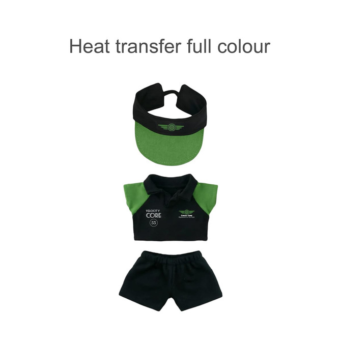 A plush doll racing suit set in black and green, including a cap, polo shirt, and shorts. Features a logo.