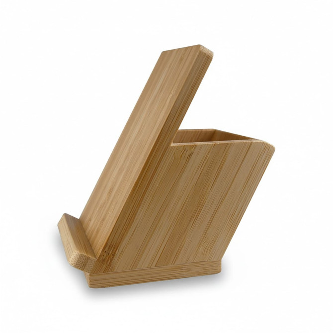 A bamboo mobile stand and pen holder with a slanted design, showcasing its natural wood finish.