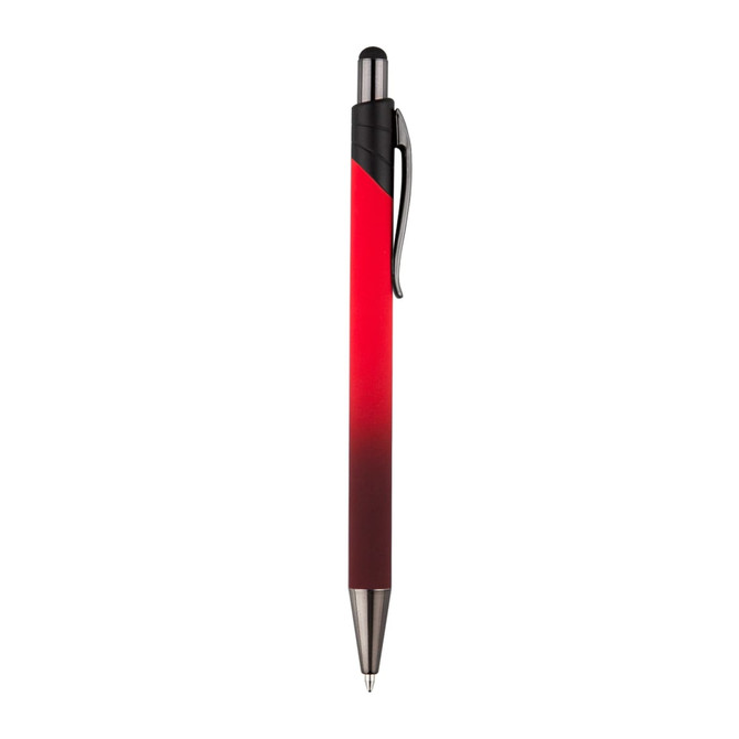A metal pen with a red gradient finish and a black grip, featuring a clip and a shiny silver tip.
