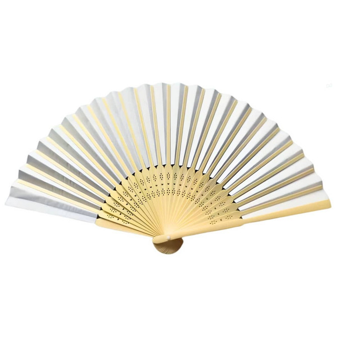 A bamboo hand fan with silver and gold tones, featuring a decorative perforated design and a wooden handle.