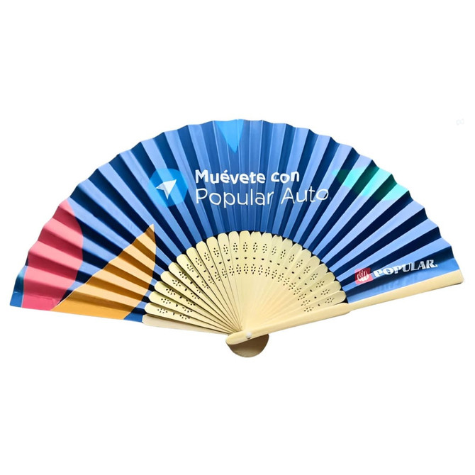 A bamboo paper hand fan featuring blue and multicoloured stripes, with a branded logo on the design.
