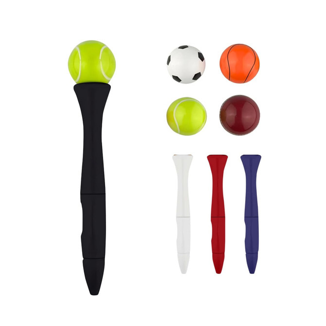 A black pen shaped like a fidget spinner, topped with a green tennis ball and accompanied by small coloured sports balls.