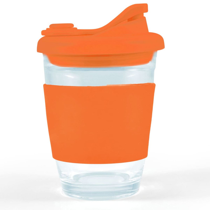 A reusable coffee cup with a clear body and an orange silicone sleeve. It features a snap lid for easy access.