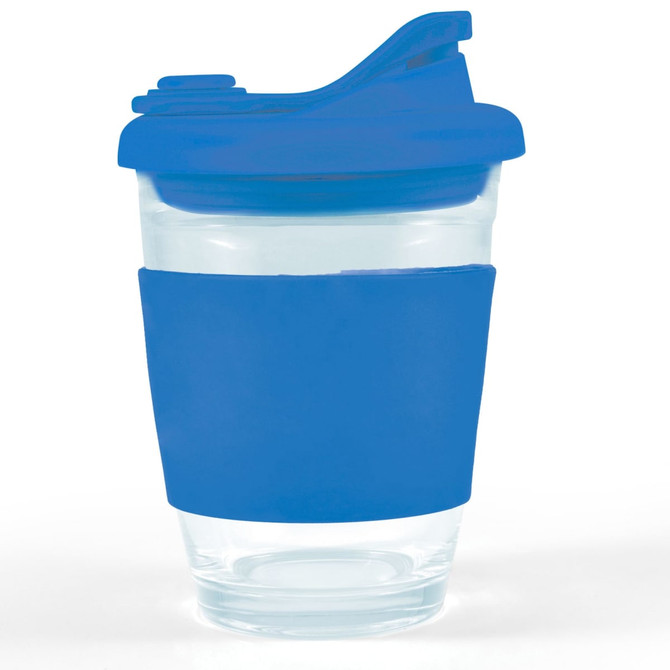 A reusable coffee cup with a transparent body, featuring a blue silicone sleeve and a snap lid.