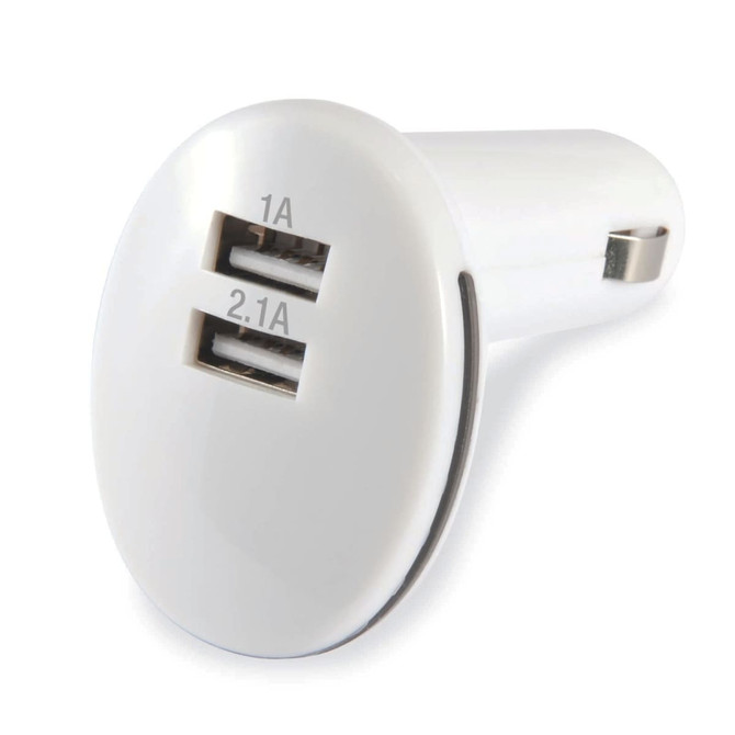 A white USB car charger with two ports, labeled 1A and 2.1A, featuring a circular design.