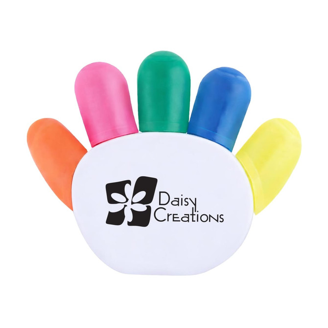 A highlighter set shaped like a hand, featuring pink, orange, green, blue, and yellow colours, with a logo on the front.