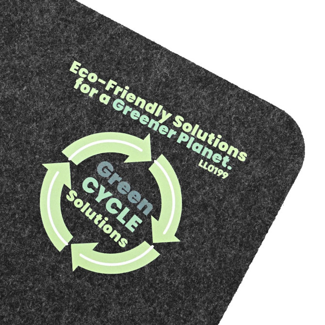 A gray desk mat featuring a circular green recycling symbol and the text "Eco-Friendly Solutions for a Greener Planet."