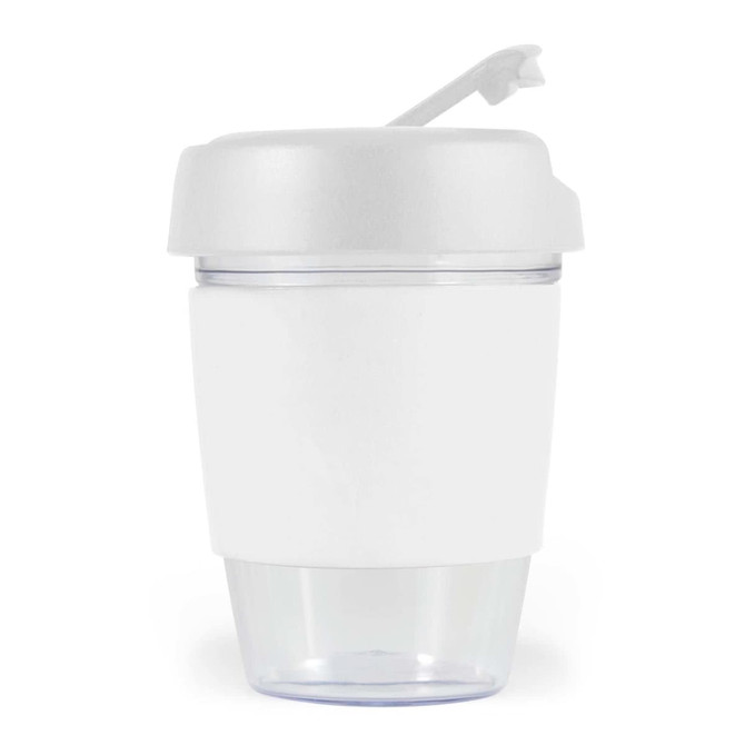 A drink bottle featuring a clear lower section and a white silicone band, topped with a matching white lid.