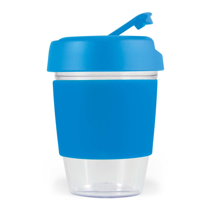 A reusable coffee cup in clear and bright blue with a silicone band and a secure lid. It features a logo.