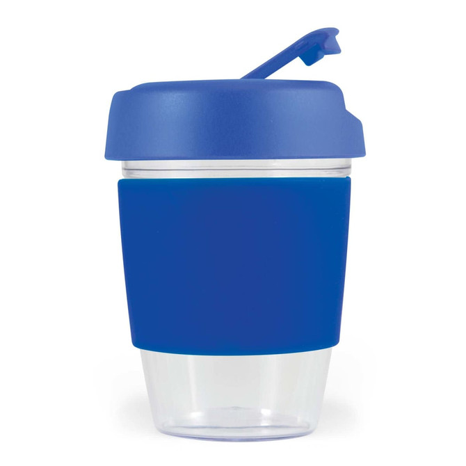 A drink cup with a clear body and blue silicone band and lid, featuring a pop-up spout.