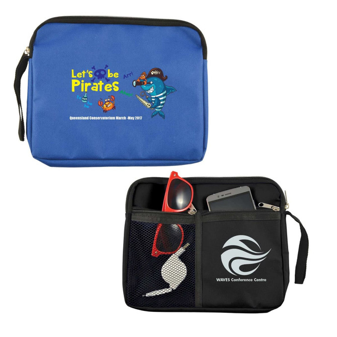 A blue and black zippered pouch featuring a pirate design and a logo, holding sunglasses and a smartphone.