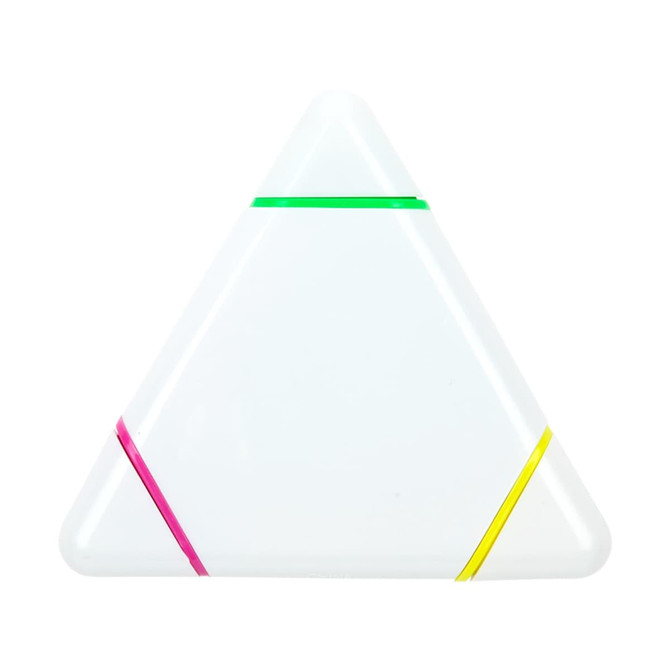 A triangular highlighter with green, pink, and yellow stripes, featuring a white body and a branding logo.