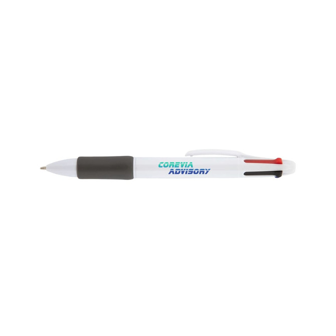 A white pen with a black grip and red and blue accents, featuring a branding logo.