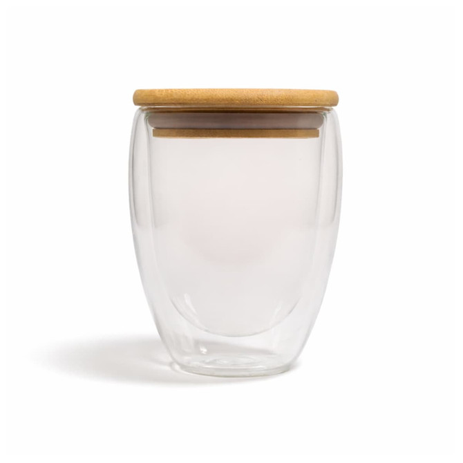 A drink bottle made of clear glass with a bamboo lid, featuring a double wall design for insulation.