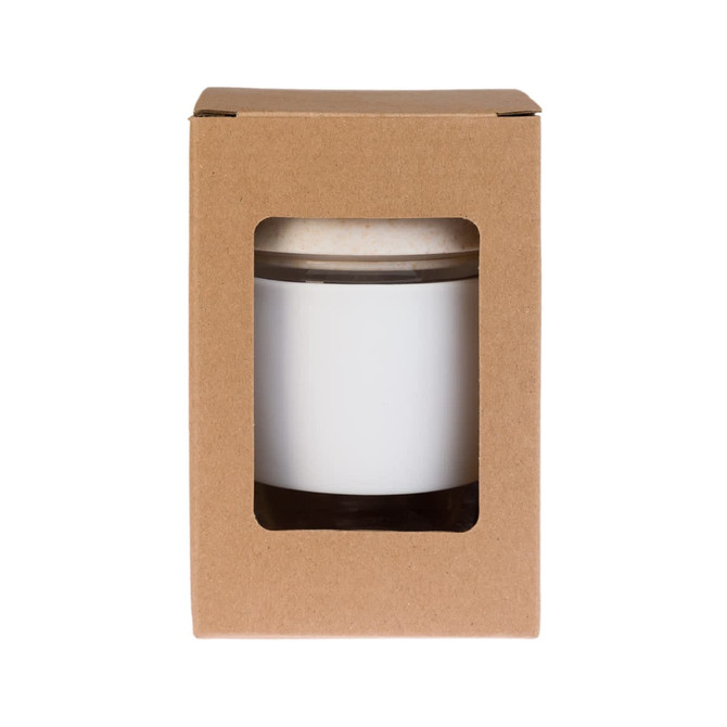 A reusable coffee cup with a silicone band, presented in a cardboard packaging with a viewing window.