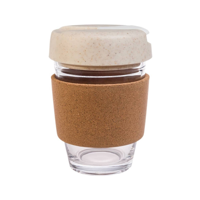 A reusable coffee cup featuring a clear glass body, a cork band for grip, and a light-colored, speckled lid.