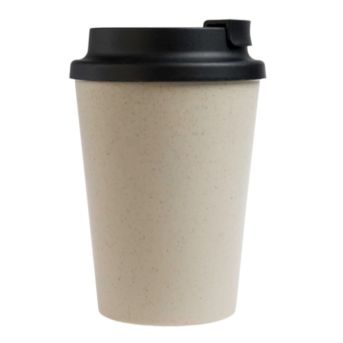 A reusable coffee cup with a beige body and black comfort lid, featuring a logo.
