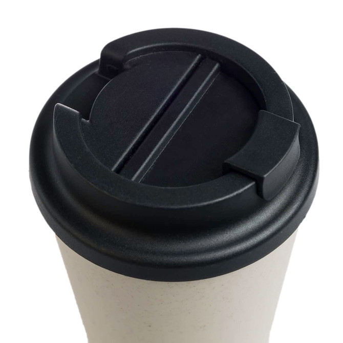 A reusable coffee cup with a light-colored body and a black comfort lid.