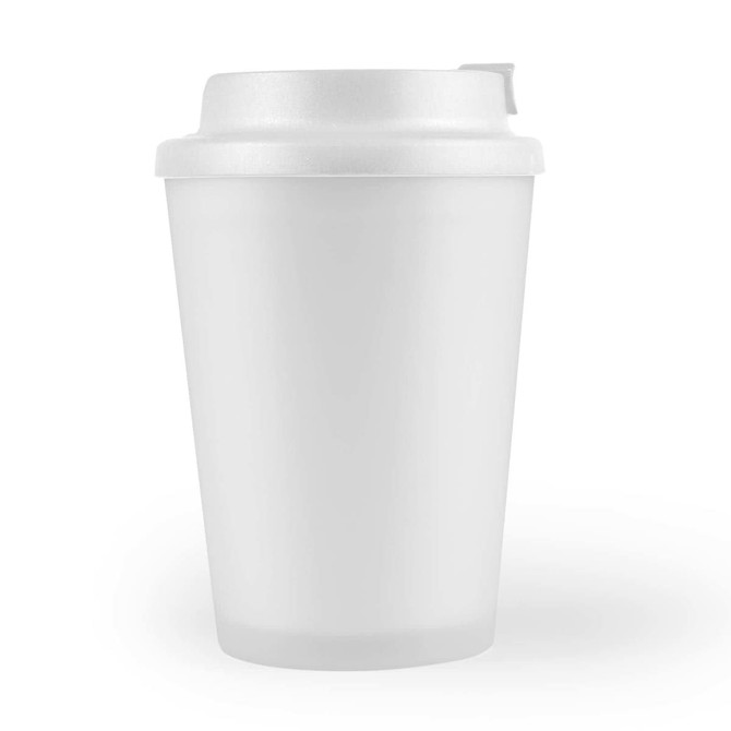 A reusable coffee cup with a comfort lid, featuring a frosted white exterior.