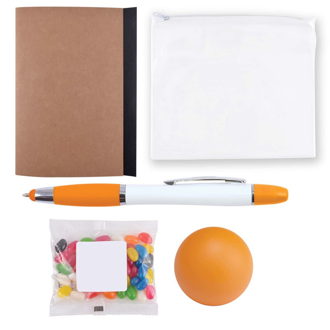 A notebook, a pen, a pouch, a stress ball, and a bag of jelly beans.